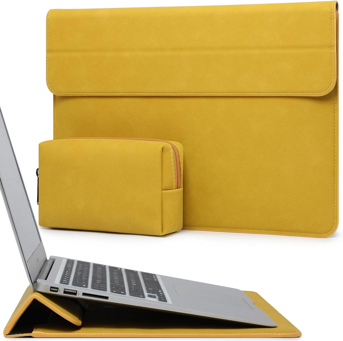 SnelShoppen - Laptop Hoes Sleeve 13,3-14 Inch met Standaardfunctie, Olijf Geel, Waterafstotend, Beschermhoes voor Onderweg, Veiligheid voor Jouw Lapto
