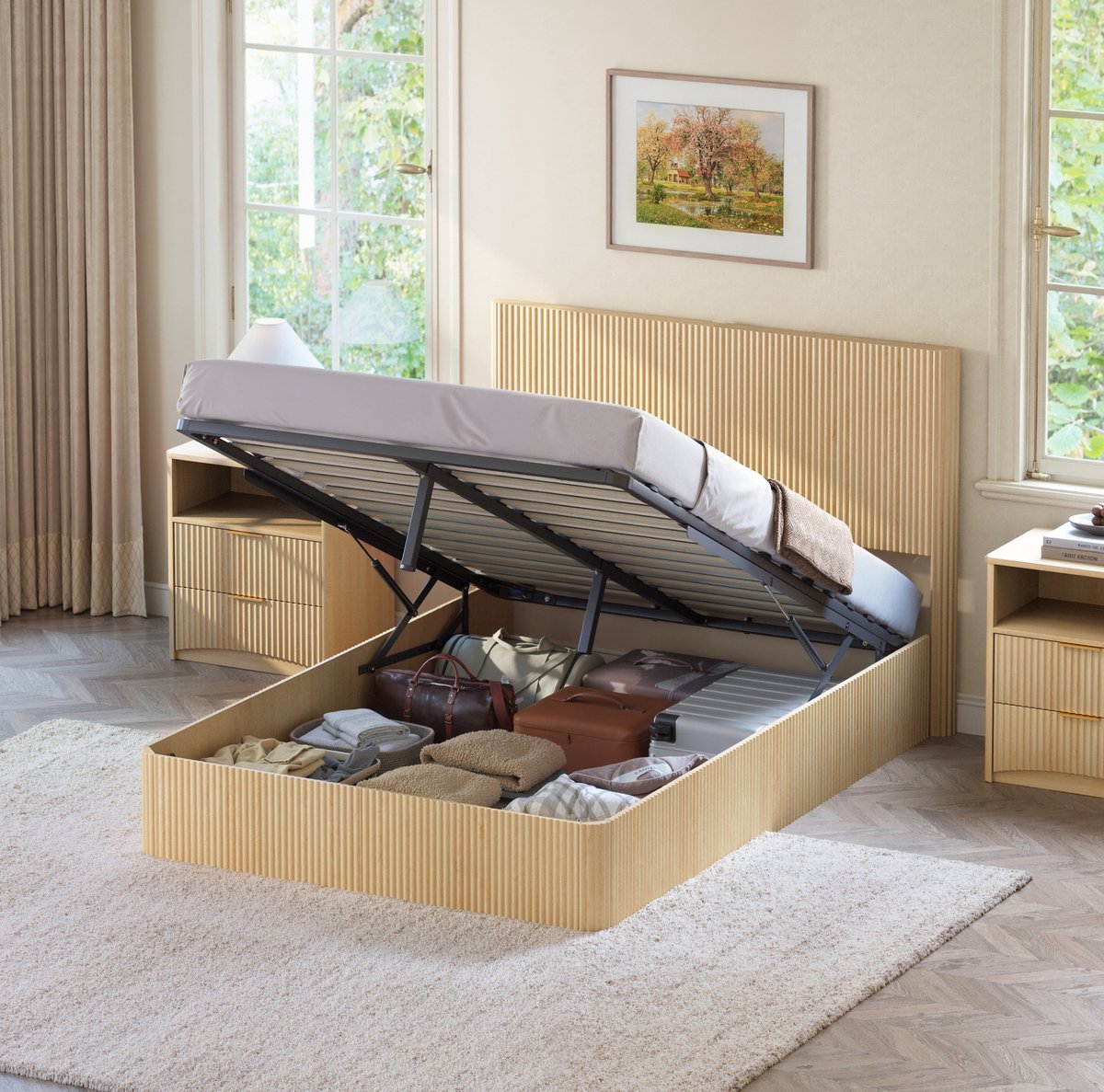 Bed 140 x 200 cm – Hydraulisch Lift Systeem – Grote Opbergruimte en Rillen Hoofdbord – Tweepersoons Slaapkamer – Eiken – Zonder matras
