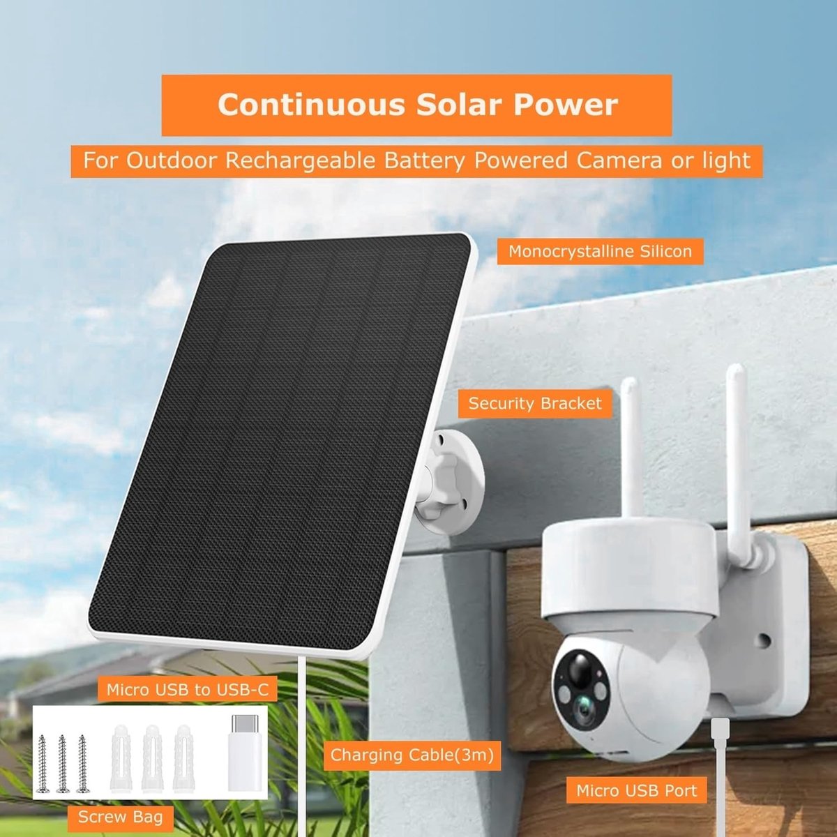 SnelShoppen - 6W Zonnepaneel voor Beveiligingscamera, Buiten Camera, Deurbel en Buitenverlichting, USB en Type C Aansluiting, IP65 Waterdicht, 3m Kabe