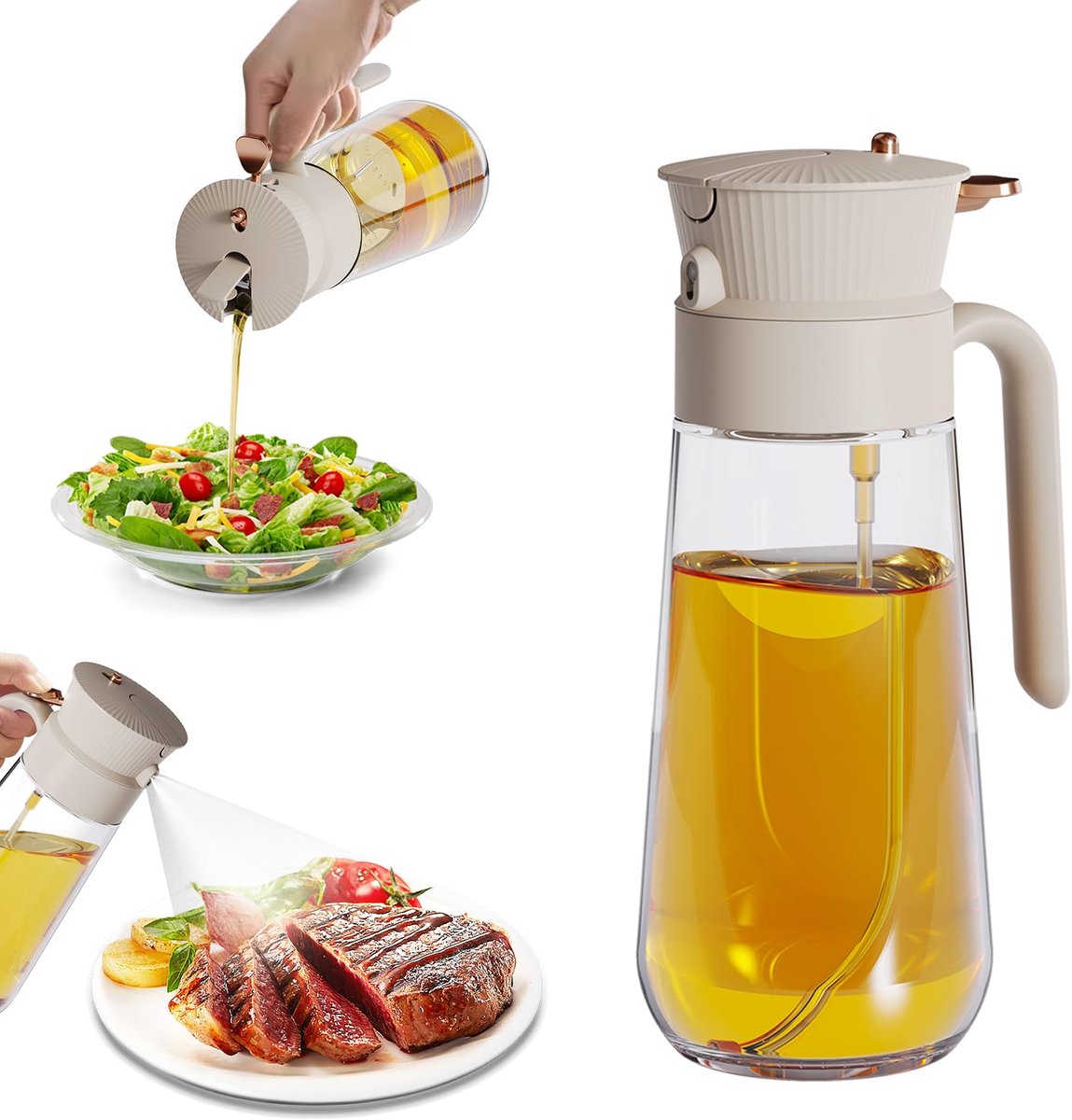 QTTVBTNA -Olijfolie Spuitfles - Olie Spuitfles - Keukenhulp - 2-in-1 Spuit en Giet - BPA-vrij PP en glas - 580 ml, lekvrij, 0,2 gram per spray - Voor salades, braden, grillen en marineren - Keramische nevel, ergonomisch ontwerp