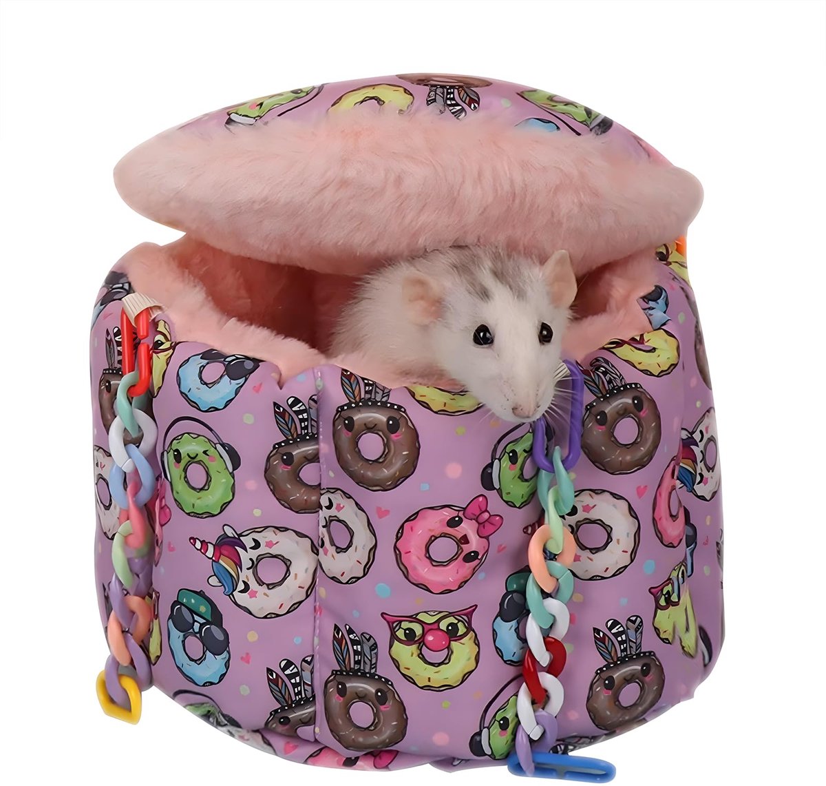 QTTVBTNA -Rattenhangmat - Knaagdieren Hangmat - Kleine Dieren Bed - Donut patroon, 18×18×16 cm, zacht pluche - Met afdekking, veilige schuilplaats - Incl. kettingringen en C-clips - Voor ratten, suikereekhoorns en hamsters