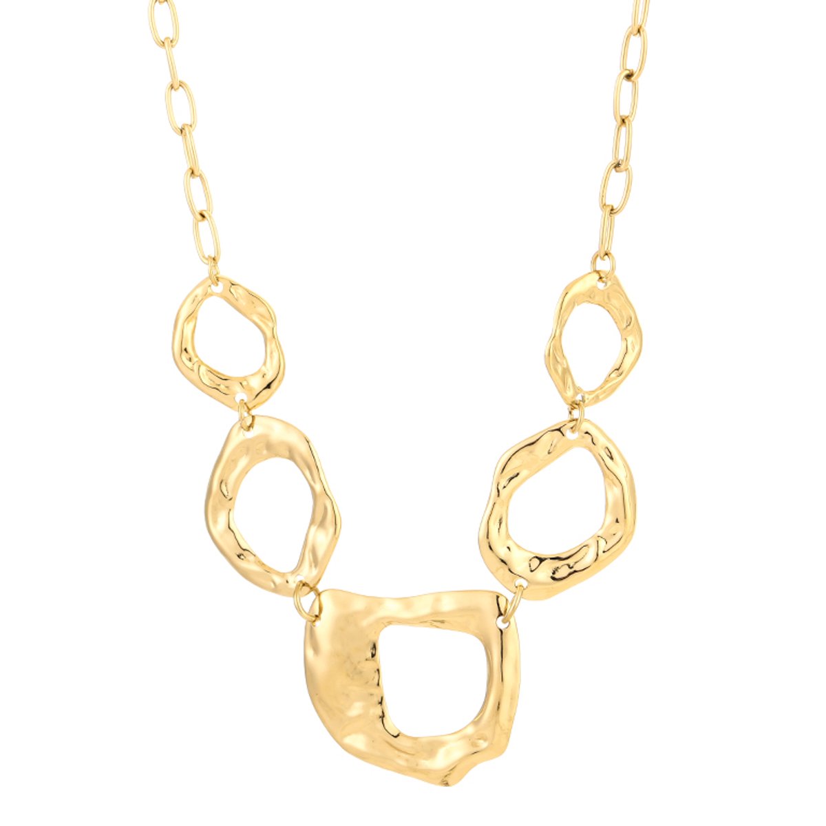 Dames Ketting met Gehamerde Cirkels - Statement Schakelketting - Organische Vormen - Stainless Steel / RVS - Goud