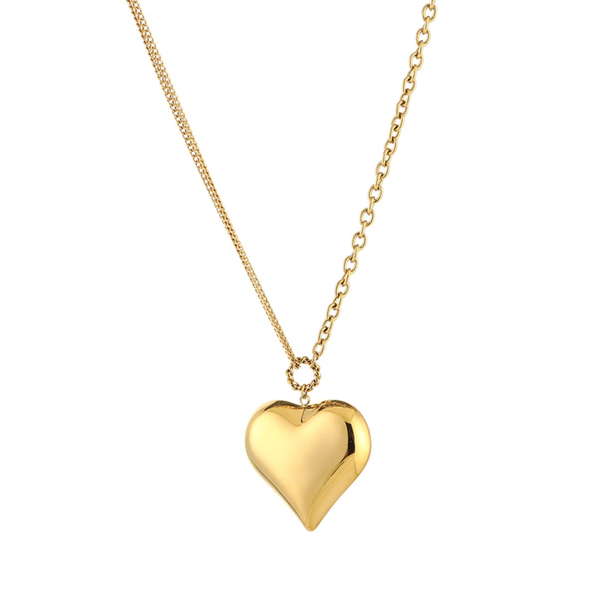 Ketting met XL Hart Hanger - Luxe Schakelketting - Grote Hartbedel - Stainless Steel / RVS - 45 cm (+5 cm) - Goud