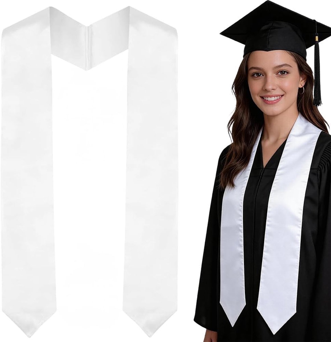 Effen witte diploma-stola van satijn, aanpasbaar door sublimatie voor middelbare scholieren en volwassenen, 1,8 m x 11,5 cm
