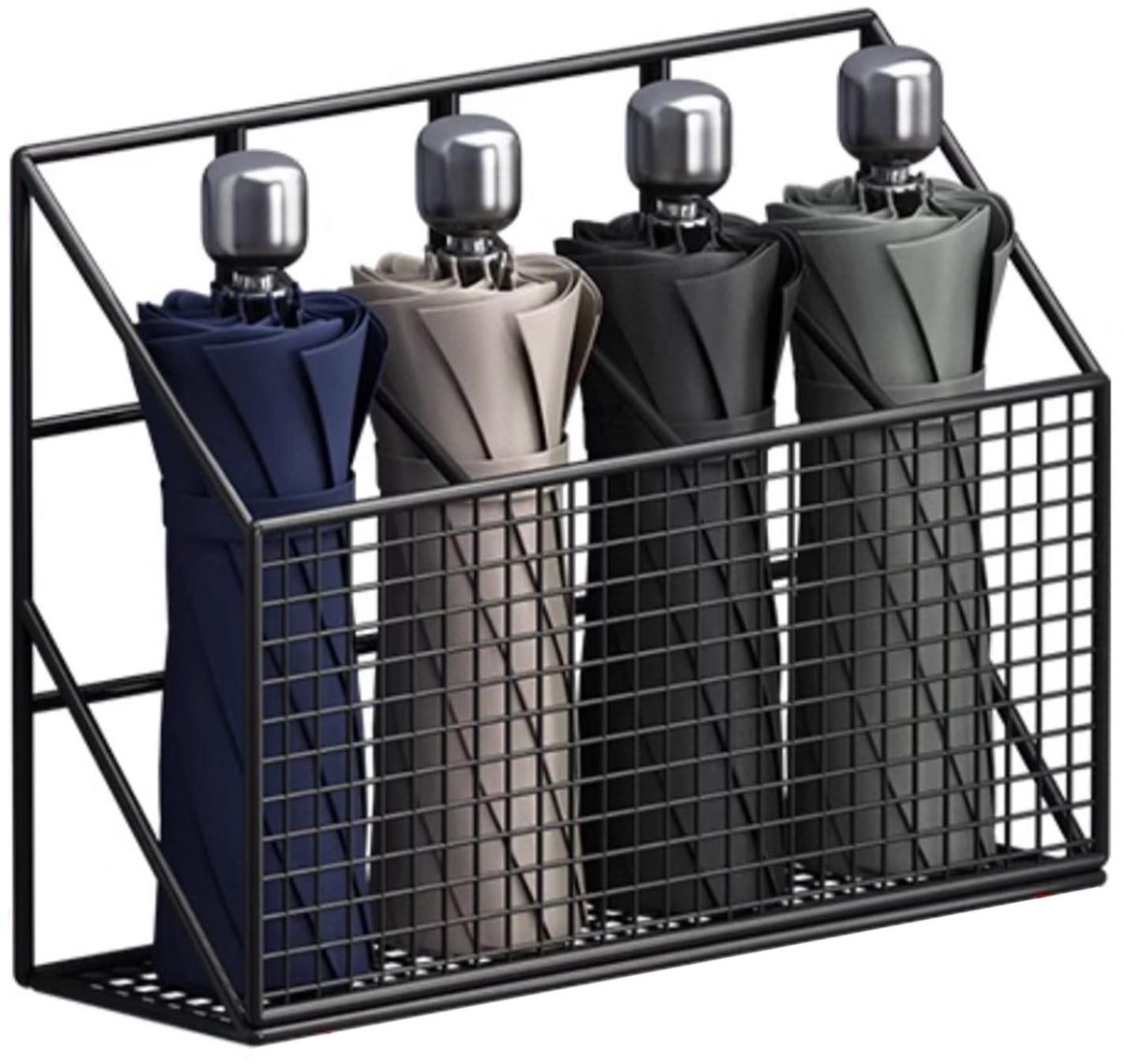 Parapluhouder Wandmontage Zonder Boren, Opvouwbare Paraplu Organizer met Sleutelhanger Haak, Ruimtebesparende Regenparaplu Opbergrek voor Hal en Entree, 4 Vaks Zwart