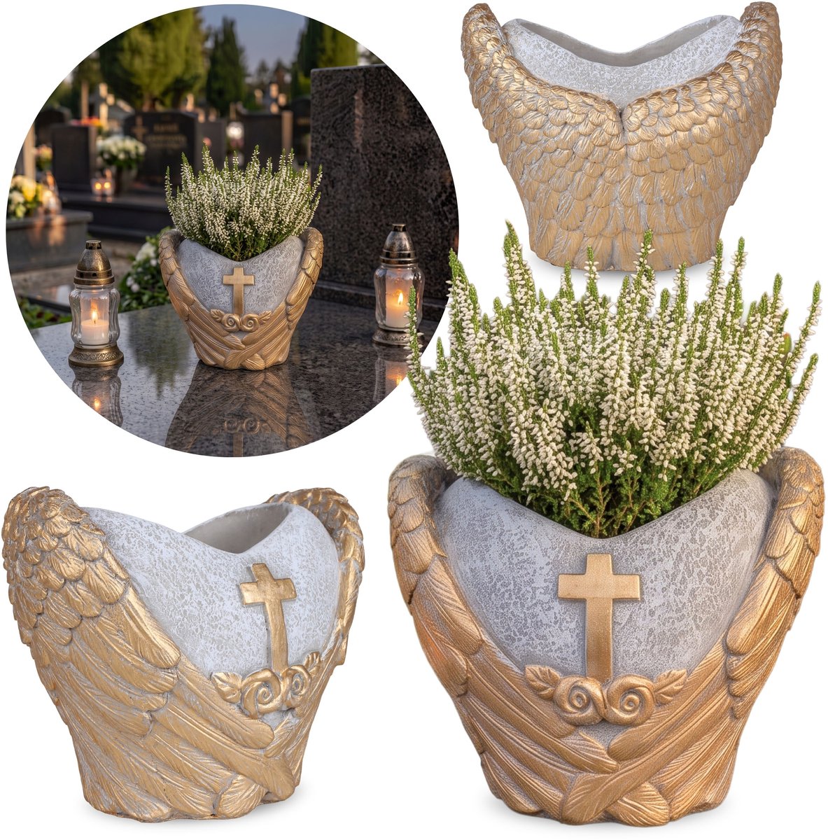 CEMENTEN GRAFVASE, grijs hart met vleugels, GRAFDECORATIE, BLOEMPOT 21x14,5x17,5 cm