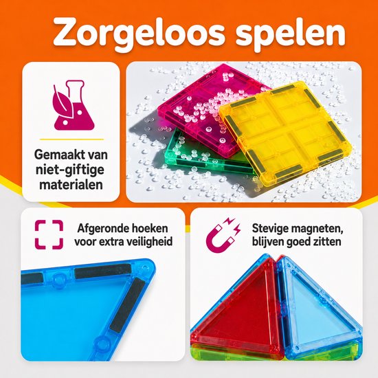 Kleurrijke magnetische tegels: roze, groen en geel. Close-up van ronde hoeken en magneten. Tekst: "Gemaakt van niet-giftige materialen".