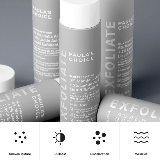 Flessen Paula's Choice Skin Perfecting 6% Mandelic Acid + 2% Lactic Acid Liquid Exfoliant en vier iconen die ongelijkmatige textuur, dofheid, verkleuring en rimpels voorstellen.