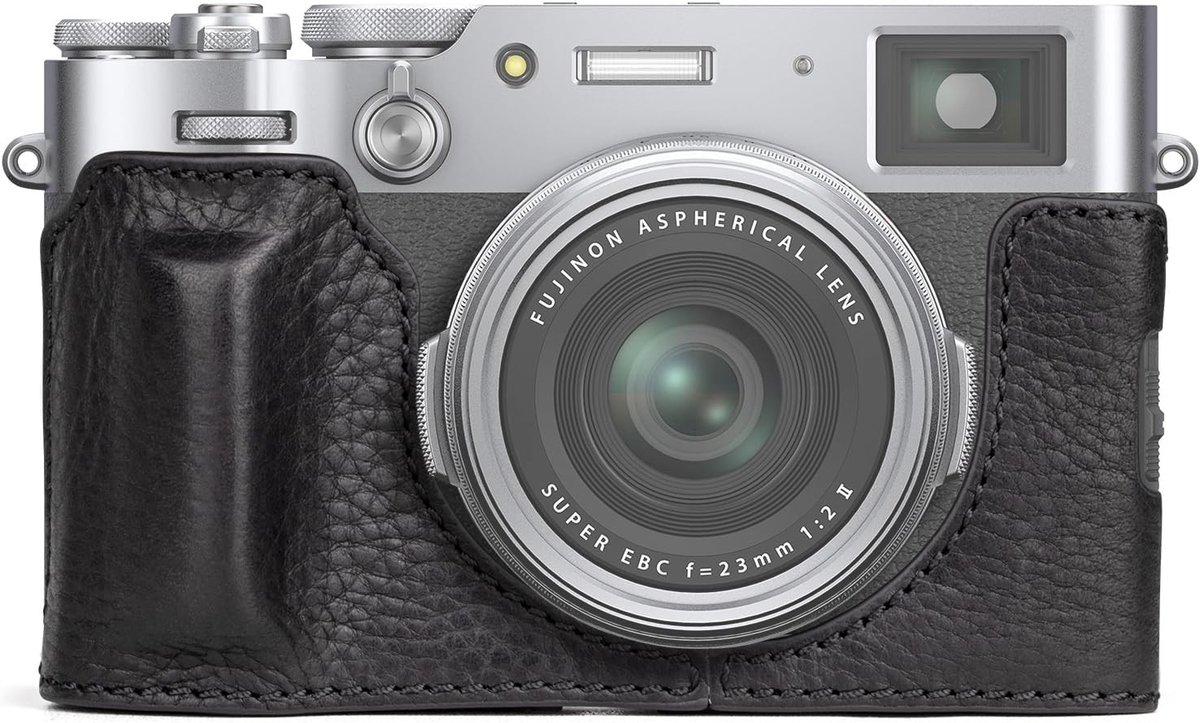 Genuine leren cameratas voor Fujifilm X100VI, beschermende hoes met handvat en bodemopening - zwart, ideaal voor fotografie en reizen