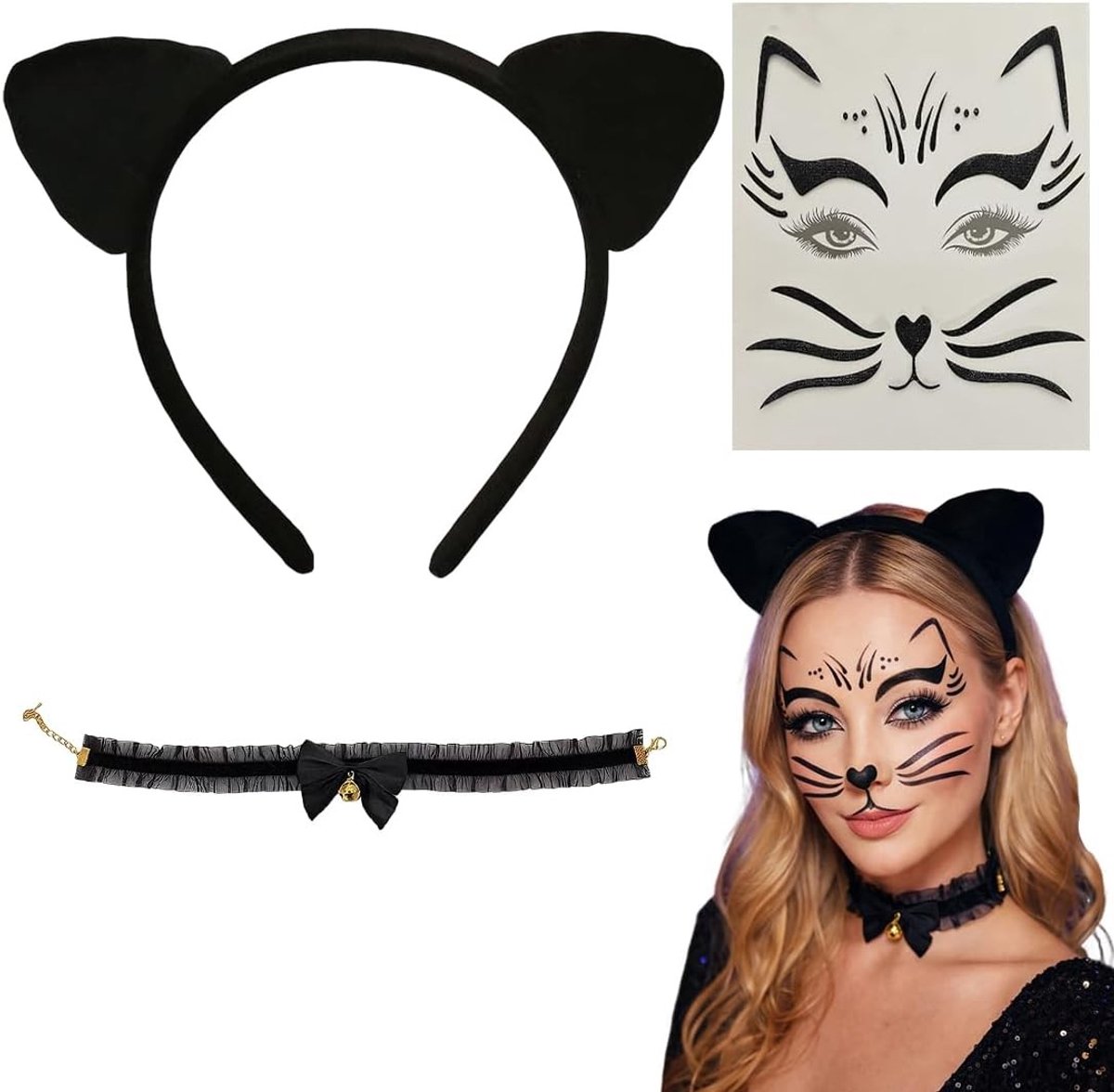 Kattenkostuum voor dames en meisjes met haarband, halsketting en gezichtstattoo voor carnaval en feestjes