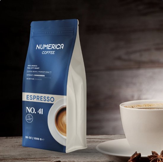 Sachet bleu de grains de café Numerica Espresso No.41, 100% Arabica, torréfaction Full City, 1000g.