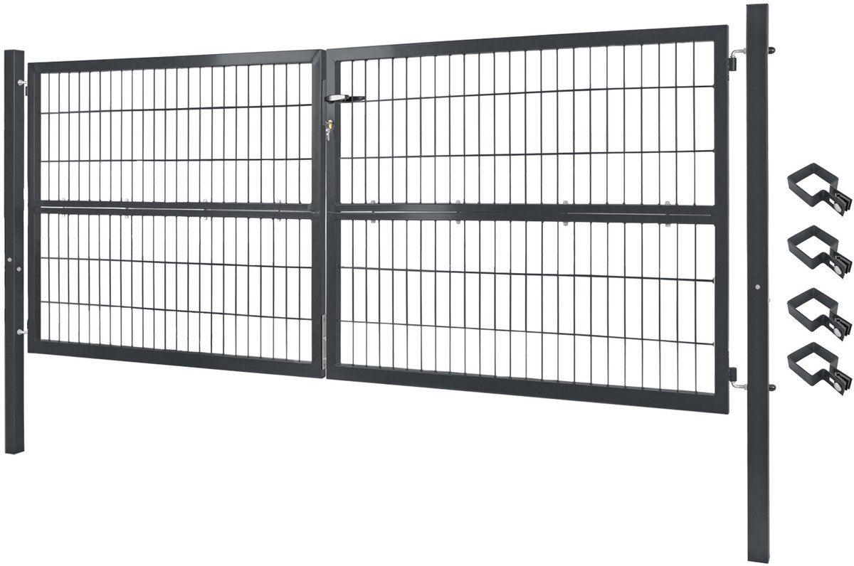 V2Aox Dubbele metalen tuinpoort voor dubbelstaafmathekwerk – 300 cm – Afsluitbaar, inclusief palen – Grijs