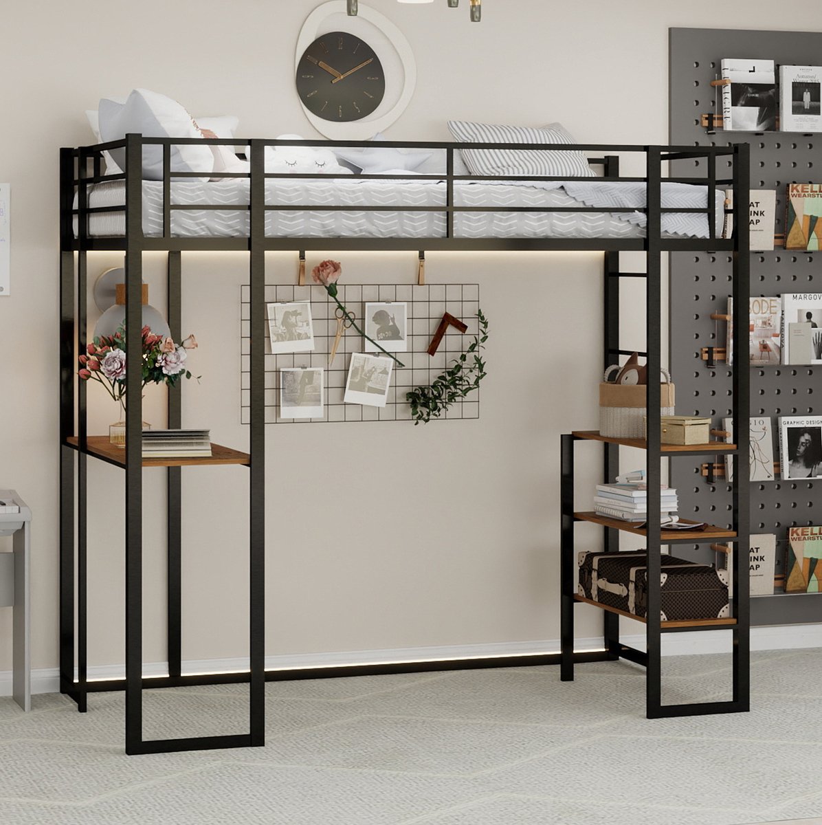 COVREO Hoogslaper met onderstel en bureauruimte – Metalen bedframe met dubbele ladder – Ruimtebesparend slaapmeubel voor kinderkamer en jeugdkamer – 200x107x180 cm – Zwart - zonder matras