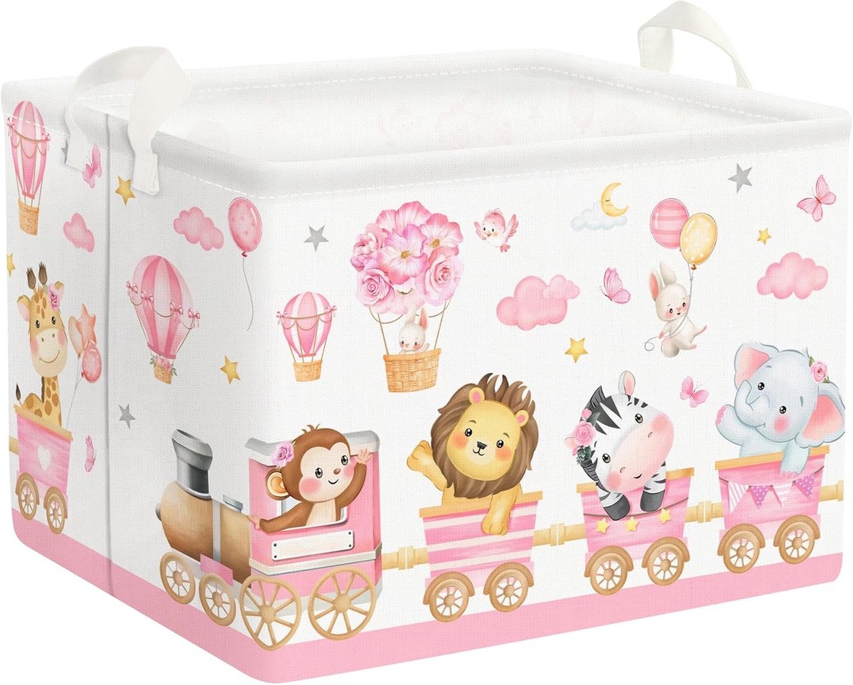 Grote Roze Bloemen Opbergmand voor Kinderen met Handvat - Rectangulaire Speelgoed- en Kledingopslag voor Kinderkamer en Badkamer