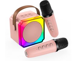 Karaoke Set voor Kinderen met Bluetooth Speaker van MMOBIEL – Met 2 Draadloze Microfoons, LED-verlichting, Geluidseffecten – Feest, Cadeau voor Meisje, Jongen, Kinderen 3+ jaar – Roze