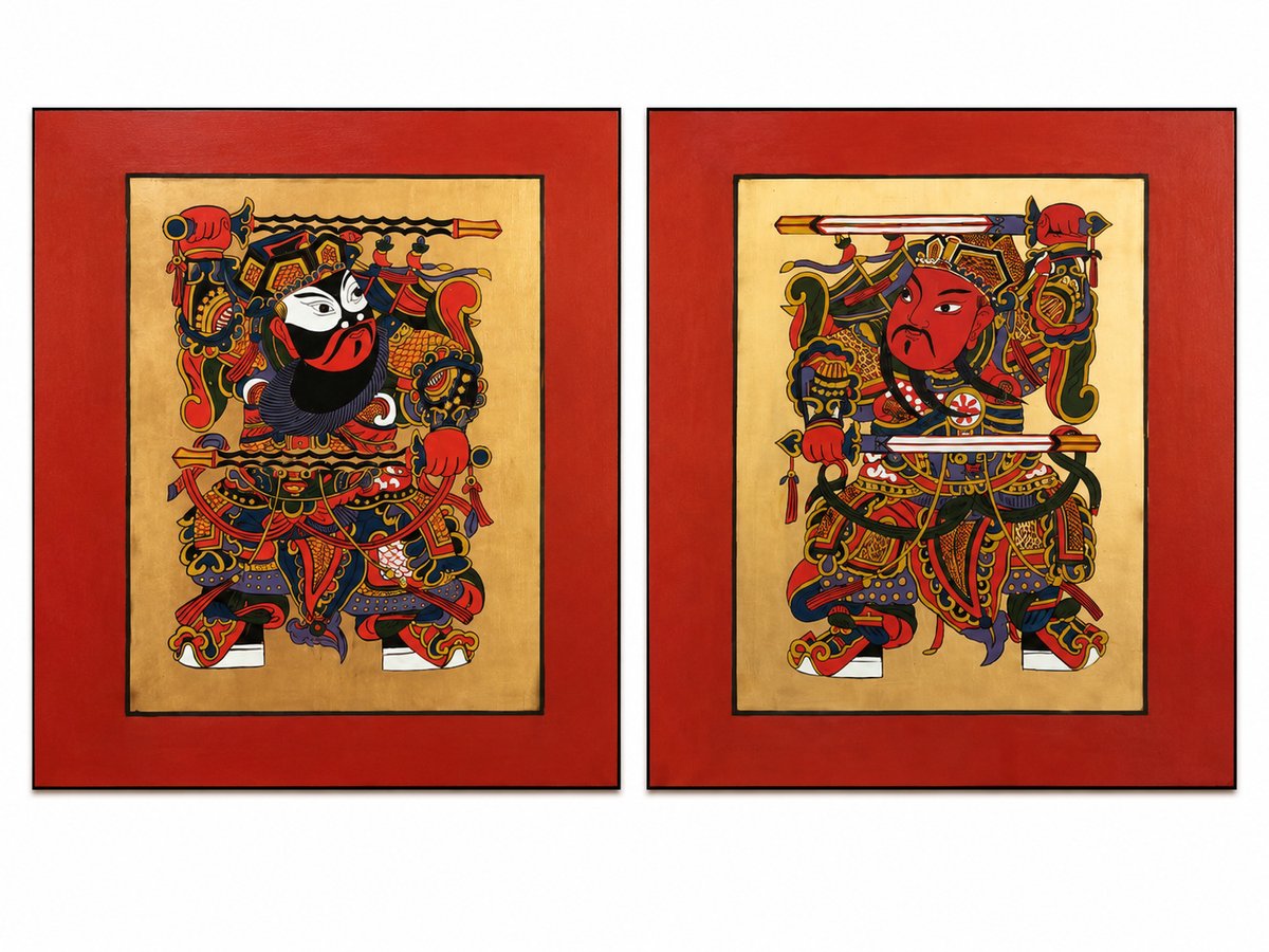 Fine Asianliving Chinese Schilderijen Krijgers Handgeschilderd op Echt Hout Set/2 B80xD2xH80cm