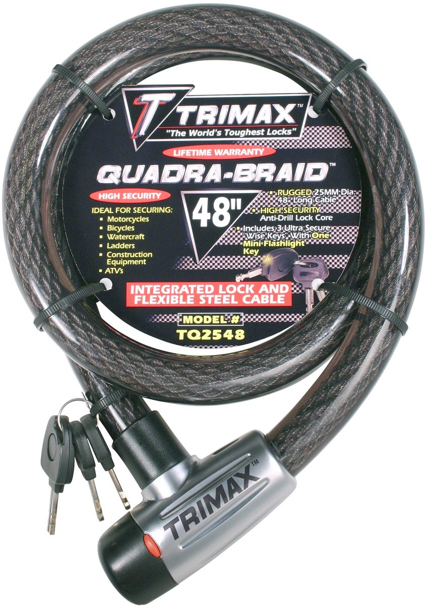 SnelShoppen - Trimax Trimaflex Geïntegreerd Kabelslot met Sleutel 4' L X 25Mm, Veilige Grijze Beveiliging voor Fiets, Scooter en Tuinaccessoires