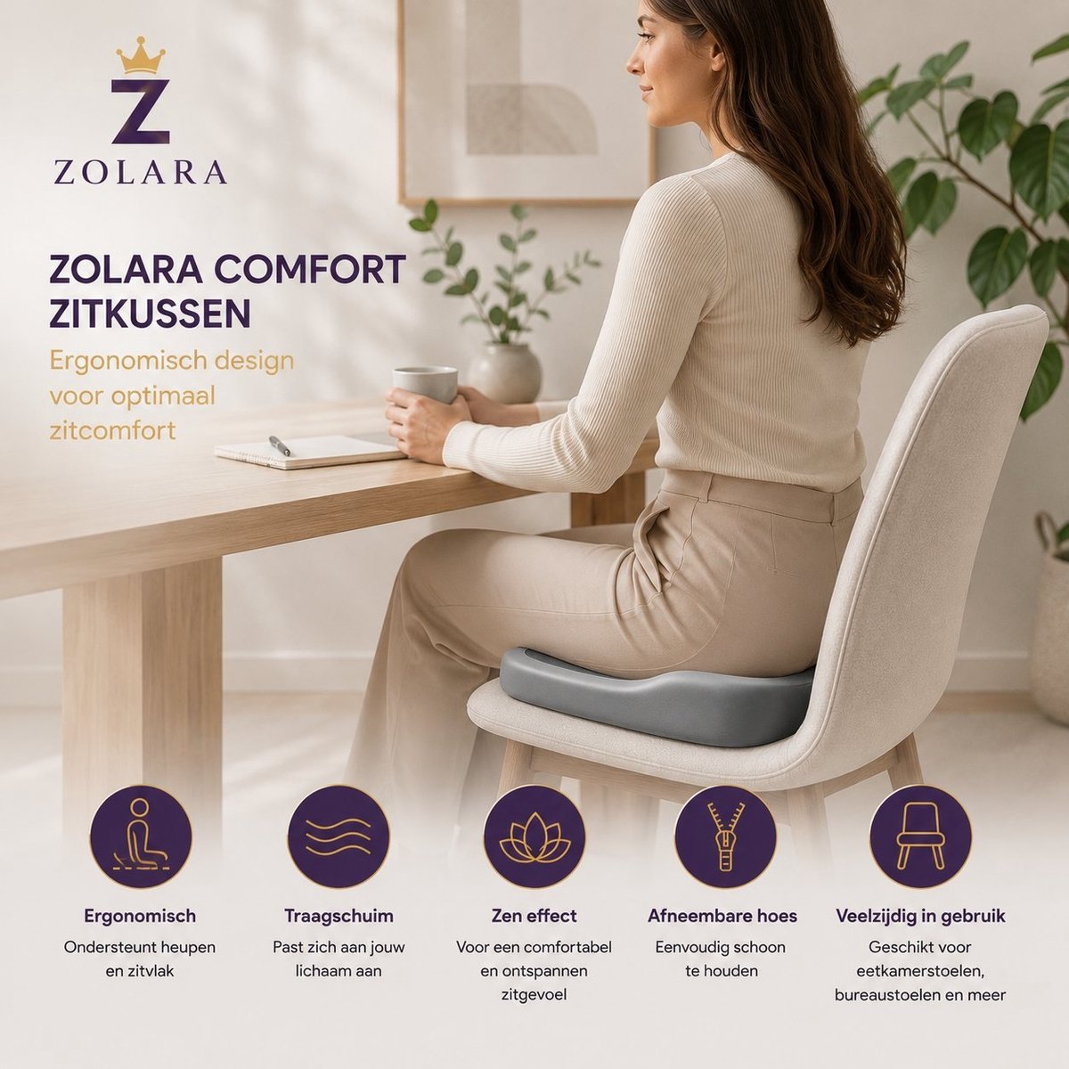 Zolara Zitkussen Bureaustoel – Ergonomisch Stuitkussen van Traagschuim – Donut Kussen – Afneembare Hoes – Donkergrijs