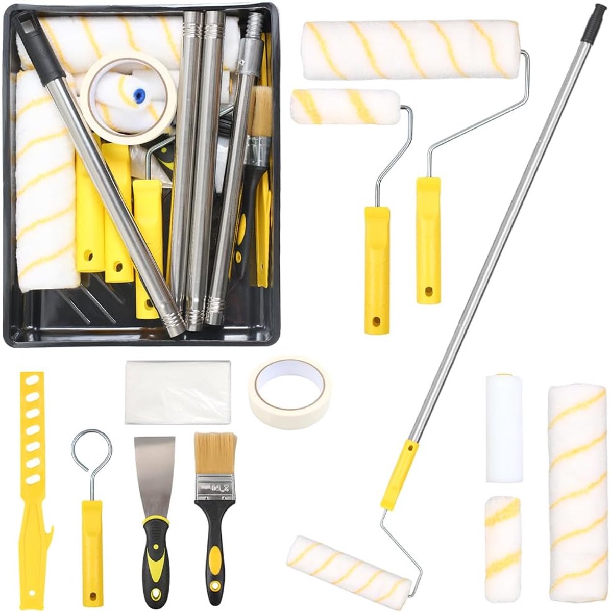 SnelShoppen - Verfrollerset met telescoopstang, 20-delige schilderset, 1,5 m telescoopstang, 23 cm + 11 cm schilderrol, kwast, schraper, verfbak, muur