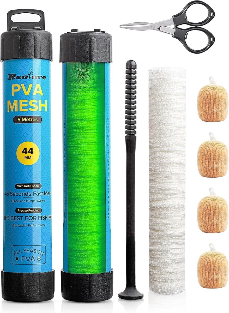 5m PVA Vissersset met Scharen, 18mm, 25mm, 37mm, 44mm Breed, PVA Gaas, Karper Accessoires met Trechter en Stamper, Snel Oplosbaar, PVA Tassen voor Boilie en Aas