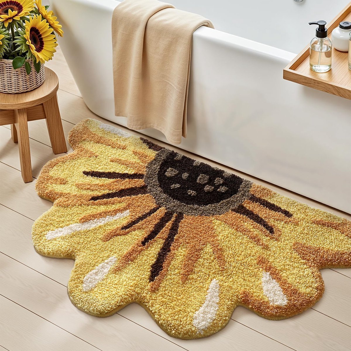 SnelShoppen - DEXI Badkamertapijt Antislip 51 x 91 cm - Absorberend Zonnebloemenpatroon Bl