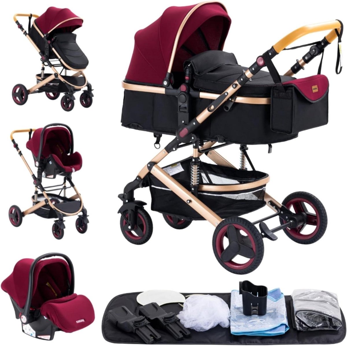 Kinderwagen 3-in-1 - Combinatie kinderwagen - Baby vervoer - Dubbel schokdempingssysteem - 16 kg - Rood