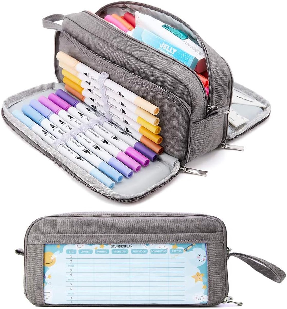 Pennenetui grote capaciteit - donkergrijs canvas - 3 compartimenten - ideaal voor school en kantoor - ShopVlot