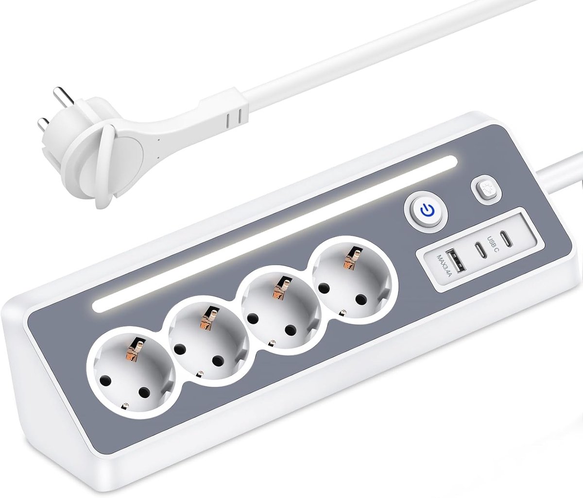 SnelShoppen - Stekkerdoos met 2 USB C, 4-voudige platte stekker, meervoudige stopcontact met led, hoekstopcontact, overspanningsbeveiliging, 3 USB-ste