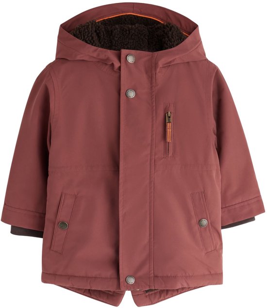 Roestbruine parka met capuchon, ritssluiting, knopen en borgvoering.