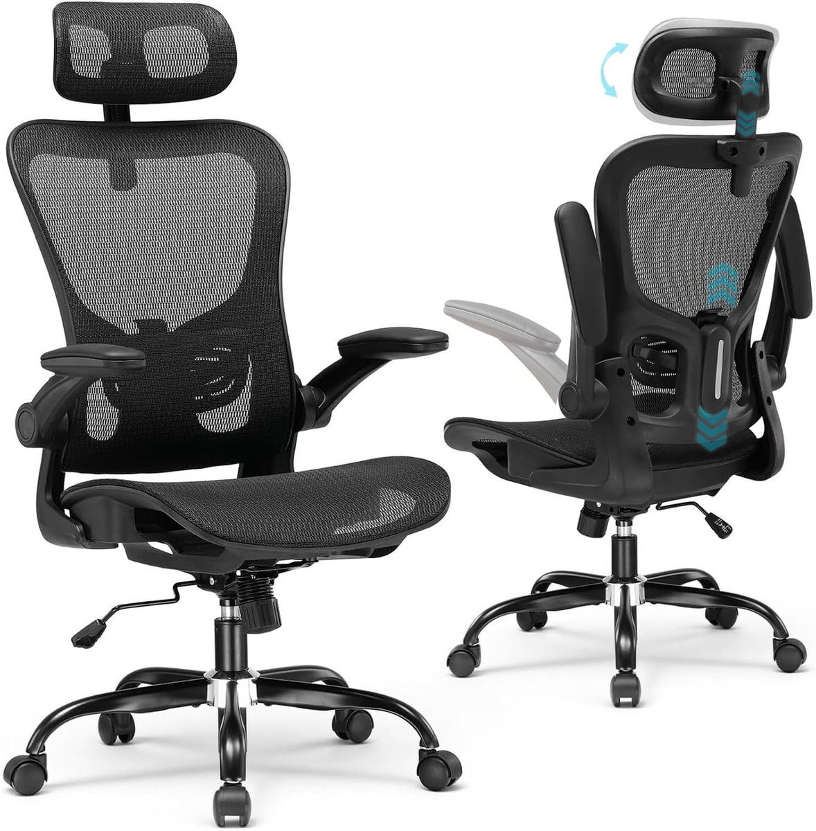 SnelShoppen - Ergonomische Bureaustoel met Verstelbare Hoofdsteun, Armleuningen en Lendensteun - Gamingstoel, Managerstoel, Mesh, Kantelfunctie, Zwart