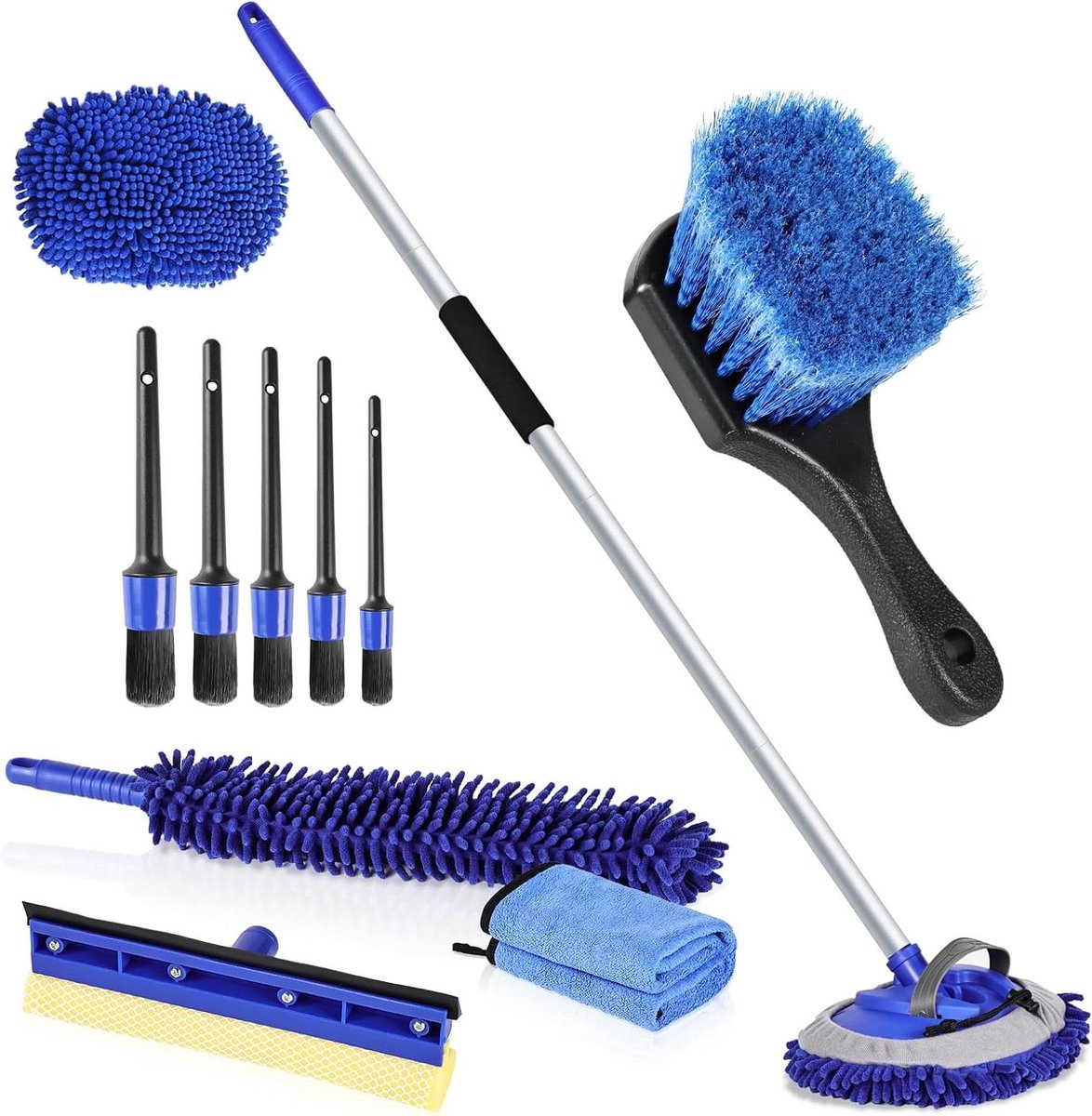 Auto Poets Set - Reinigingskit Voertuig - Voertuigen Onderhouden - Uitschuifbare Steel - 157.5 cm - Blauw