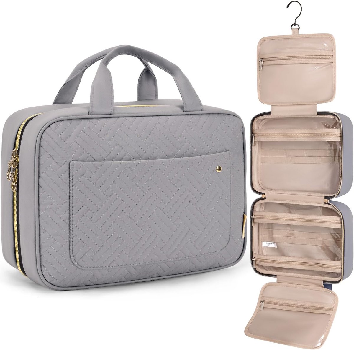 SnelShoppen - BAGSMART Toilettas voor dames, waterdichte toilettas om op te hangen, L-grijs, 32 x 85 cm, 4 vakken, elastische banden, 360° haak, dubbe