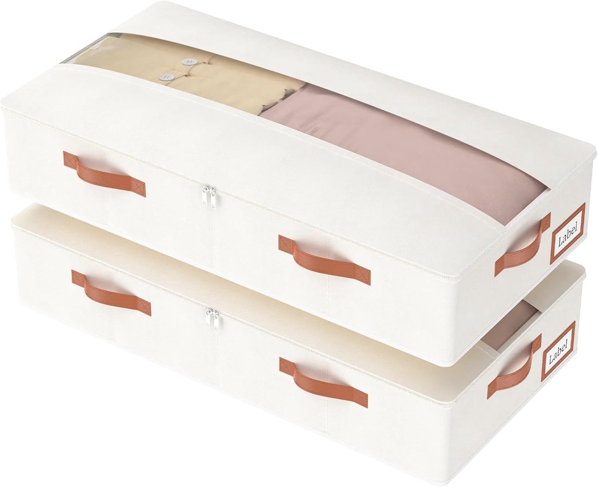SnelShoppen - 2 Stuks Opvouwbare Opbergbox voor Onder Bed, Non-Woven Opbergzak met Doorzichtige Deksel en Handgrepen, Beige, 80x40x15cm, Ideaal voor S