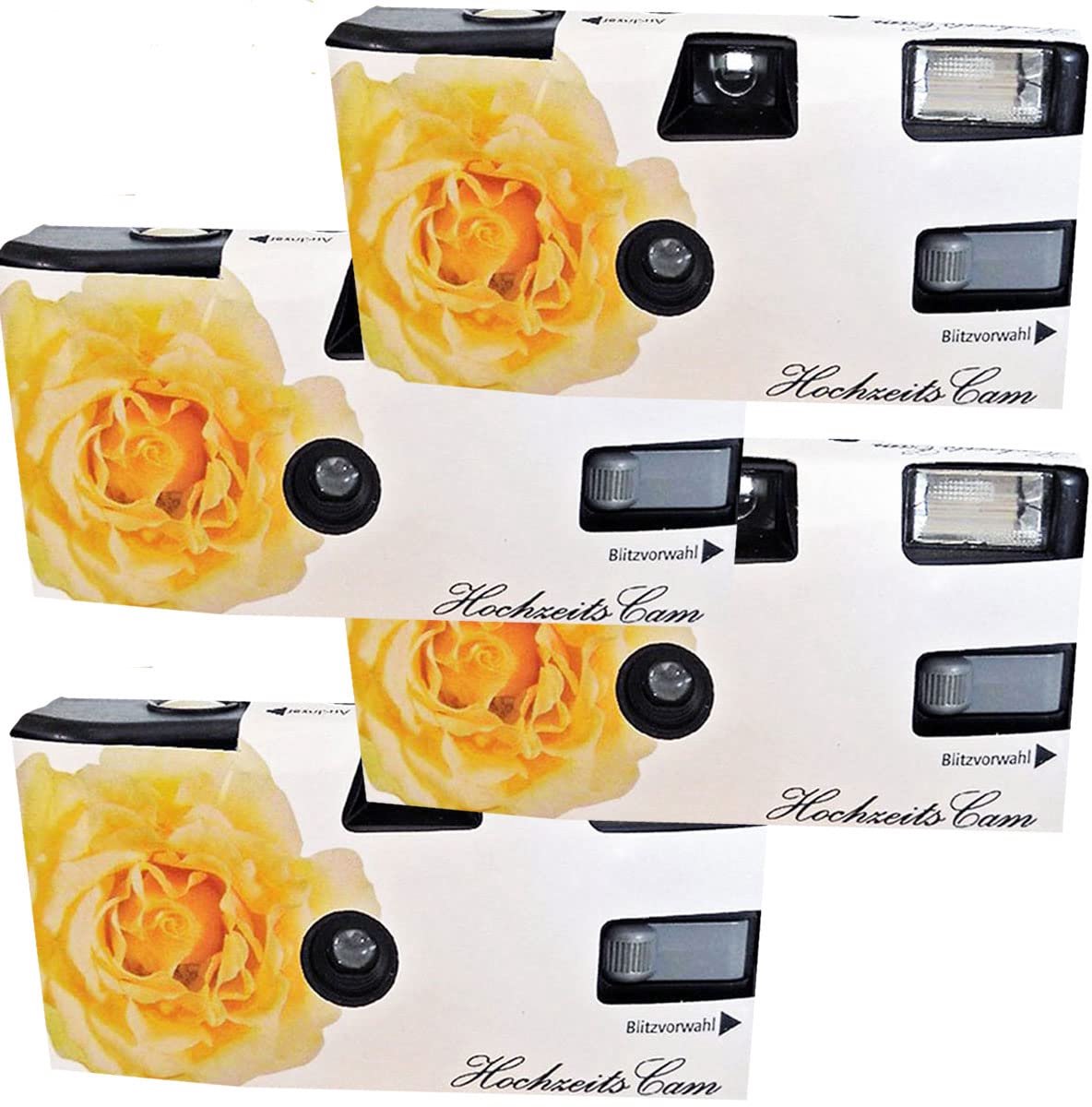 SnelShoppen - 4x 1A Wegwerpcamera's Geel met Trouwroos voor Feesten, Bruiloften en Speciale Gelegenheden