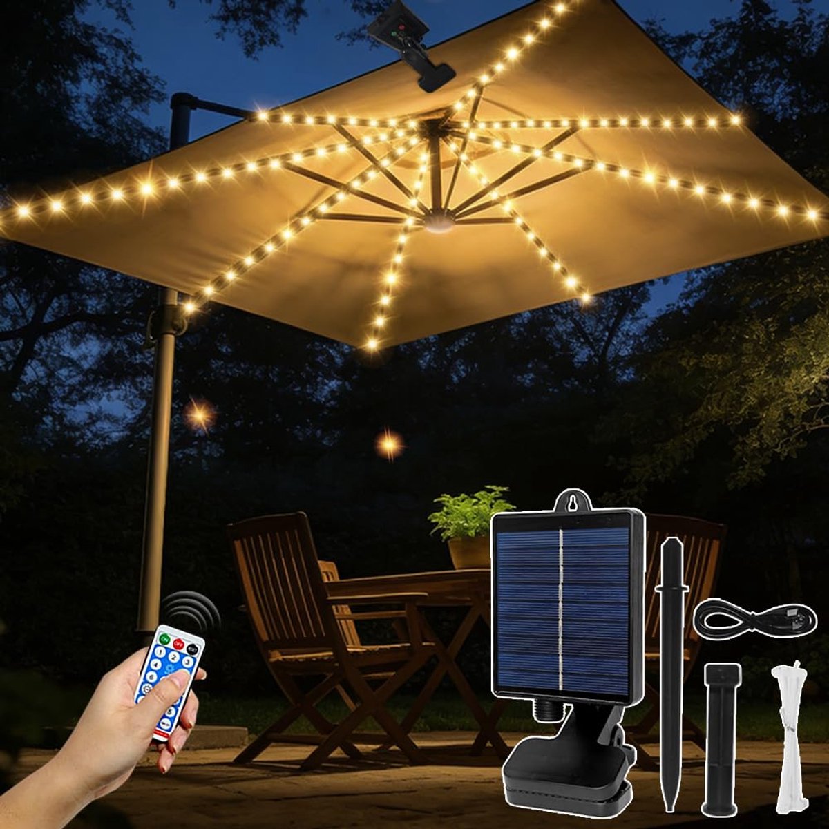 SnelShoppen - Verlichting voor parasol met 104 LED's, 8 modi, IP67 waterdicht, afstandsbediening, USB, sfeervolle tuin- en campingdecoratie