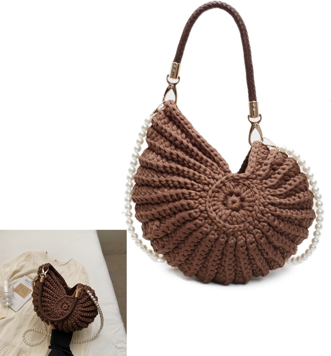 KZQ Gehaakte bohemian avondtas met schelpmotief - Zomer clutch en crossbody voor dames - Geschikt voor strand en feestelijke gelegenheden - Koffiebruin