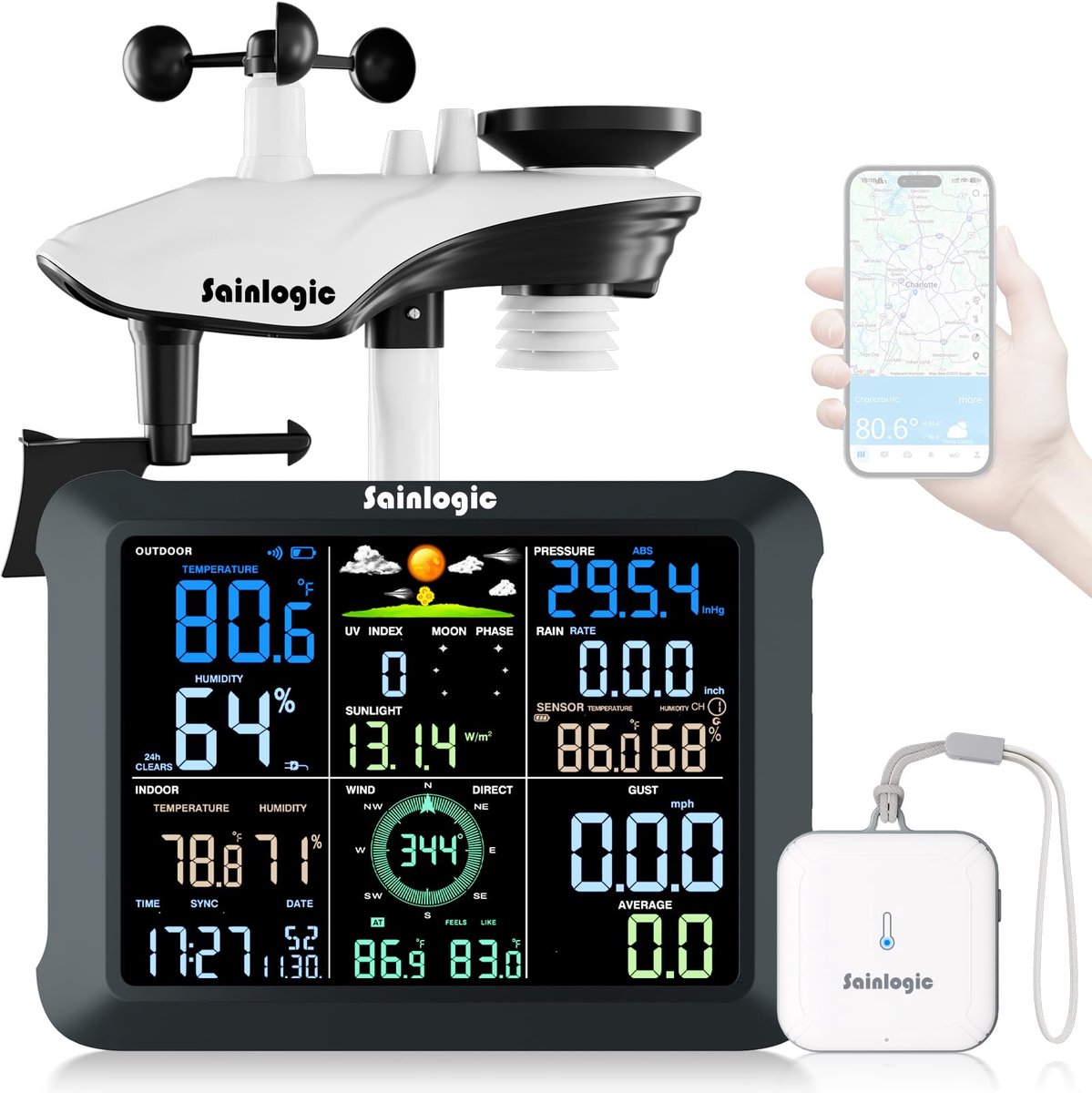 SnelShoppen - Draadloos Weerstation met WiFi, Sainlogic SA9 Plus, Indoor en Outdoor Sensor, 24/7 Weersvoorspelling, Slimme Technologie, Voor Tuin, Hui