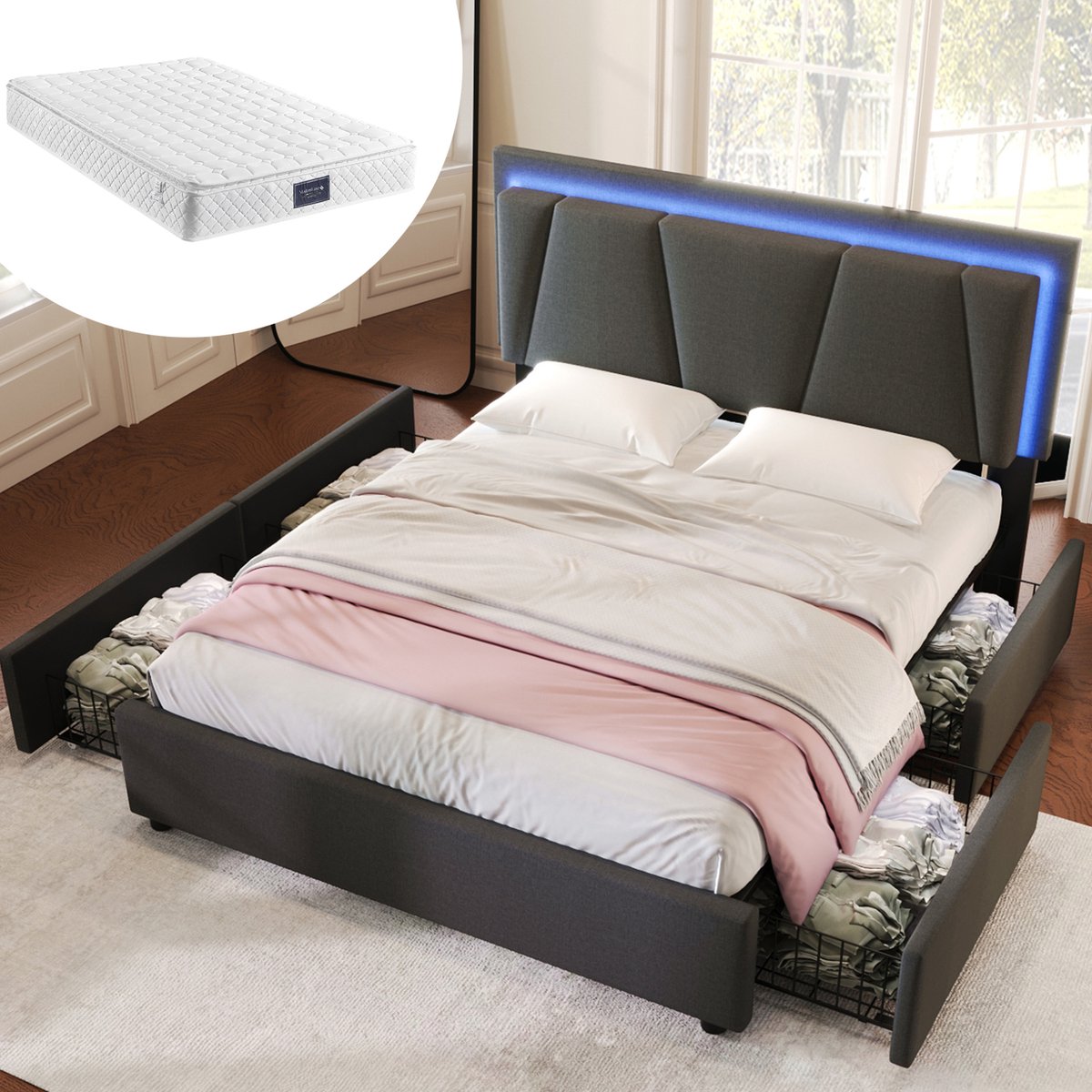 DESMIU Gestoffeerd Bed 160x200 cm – Tweepersoonsbed Met LED-Verlichting – Verstelbaar Hoofdbord – 4 Lades Opbergruimte – Met Matras – Grijs