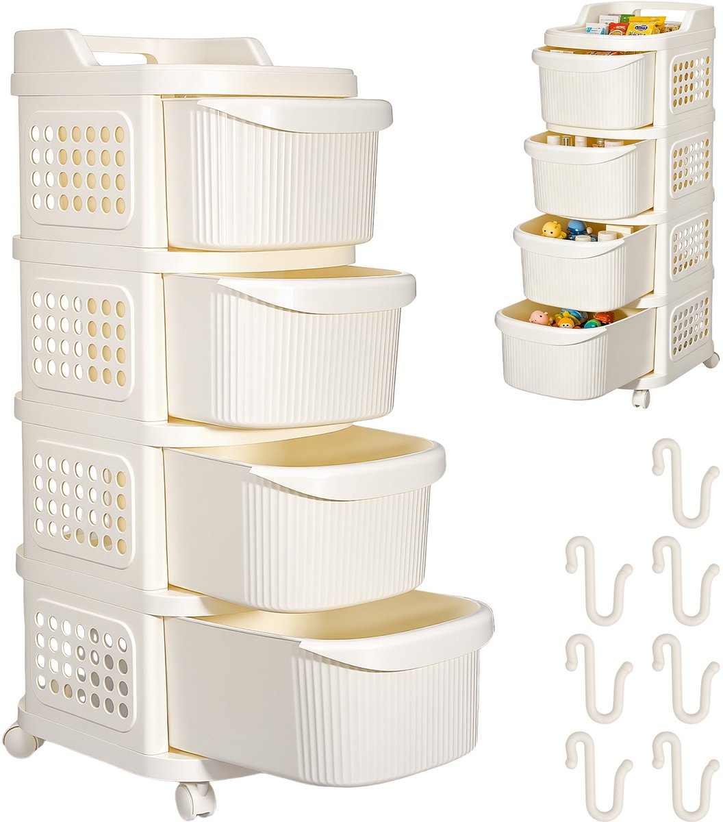 Rollende Ladekast 4 Lades 38 x 30 x 86 cm - Mobiele Opbergwagen met Wielen en 7 Haken - Voor Badkamer Keuken Kantoor - Crème Wit - Lemonmax