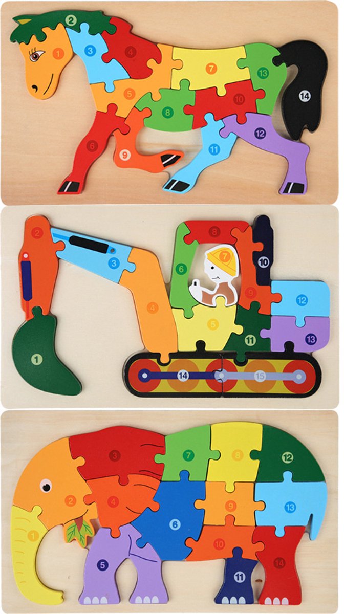 Houten Blokpuzzel-Montessori Speelgoed-3D puzzel-Kinderen-3 Jaar-Gift-Cadeau-Schoploader,Trein,Graafmachine, Educatief Spel voor 3 4 5 6 7 Jaar, Cadeau voor Jongens en Meisjes
