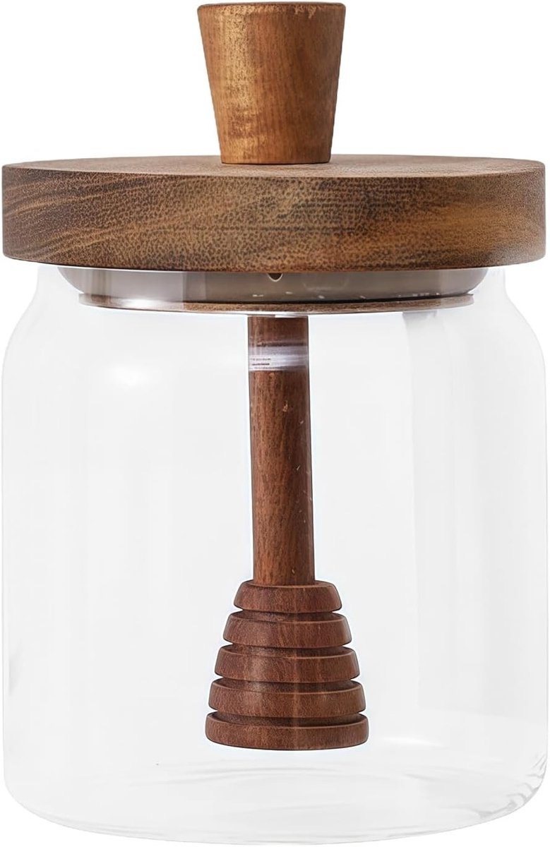 Glazen Honingpot 400ML met Houten Deksel en Dipper - Luchtdichte Honingcontainer voor Thuis en Keuken, Ideaal voor Siropen en Sauzen
