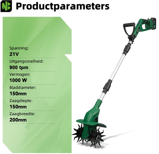NewBeny Elektrisch Grondfrees - 600 tpm - Borstelloze Tuinfrees - met 2x 3.0Ah Accu's - 15 cm werkdiepte - 20 cm werkbreedte - Accu Motorhak - Extra handgreep van Newbeny — afbeelding 2