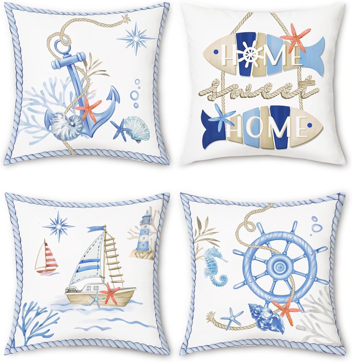 SnelShoppen - Set van 4 Decoratieve Kussenslopen Nautisch Anker Dubbelzijdig Denim-Textuur Polyester Linnen Blauw Voor Bank Slaapkamer Woonkamer Woond