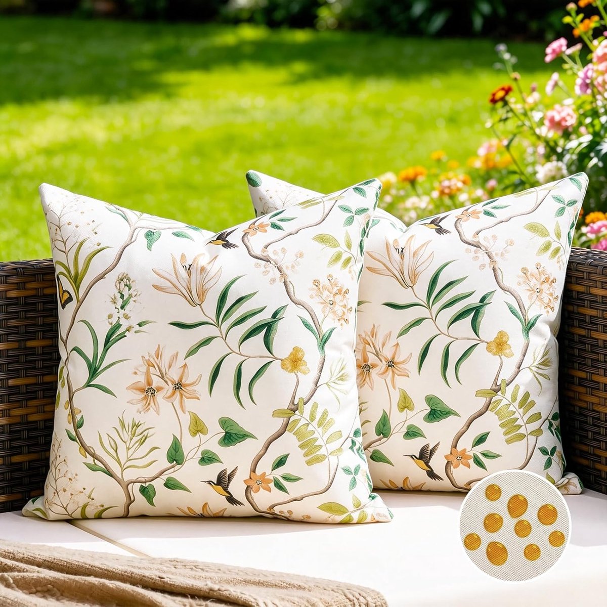 SnelShoppen - Waterdichte Kussenhoezen voor Buiten, Set van 2, 50 x 50 cm, Decoratieve Kussenslopen met Vogel, Vlinder en Bladeren voor Tuin, Balkon e
