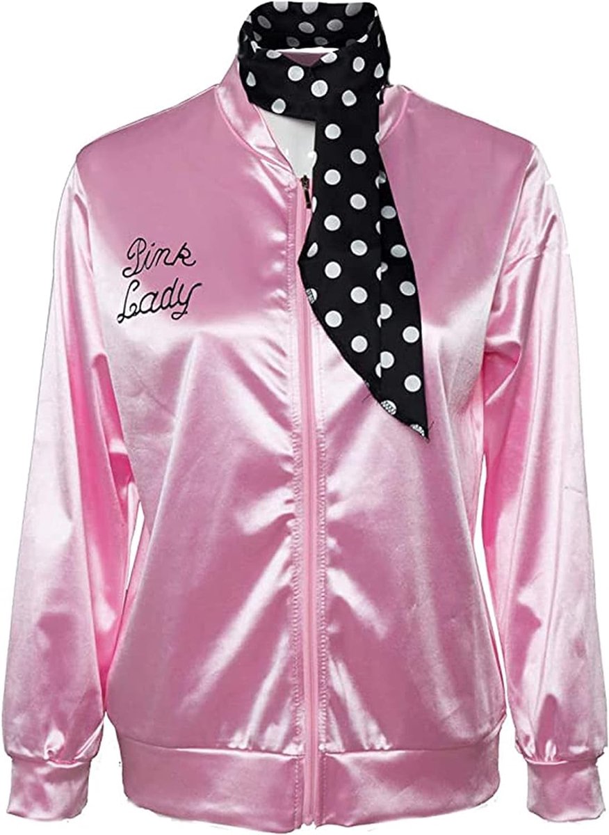 SnelShoppen - Roze satijnen jas uit de jaren 50 voor dames, Halloween carnaval cosplay-kostuum, feestkleding met halsdoek, maat M