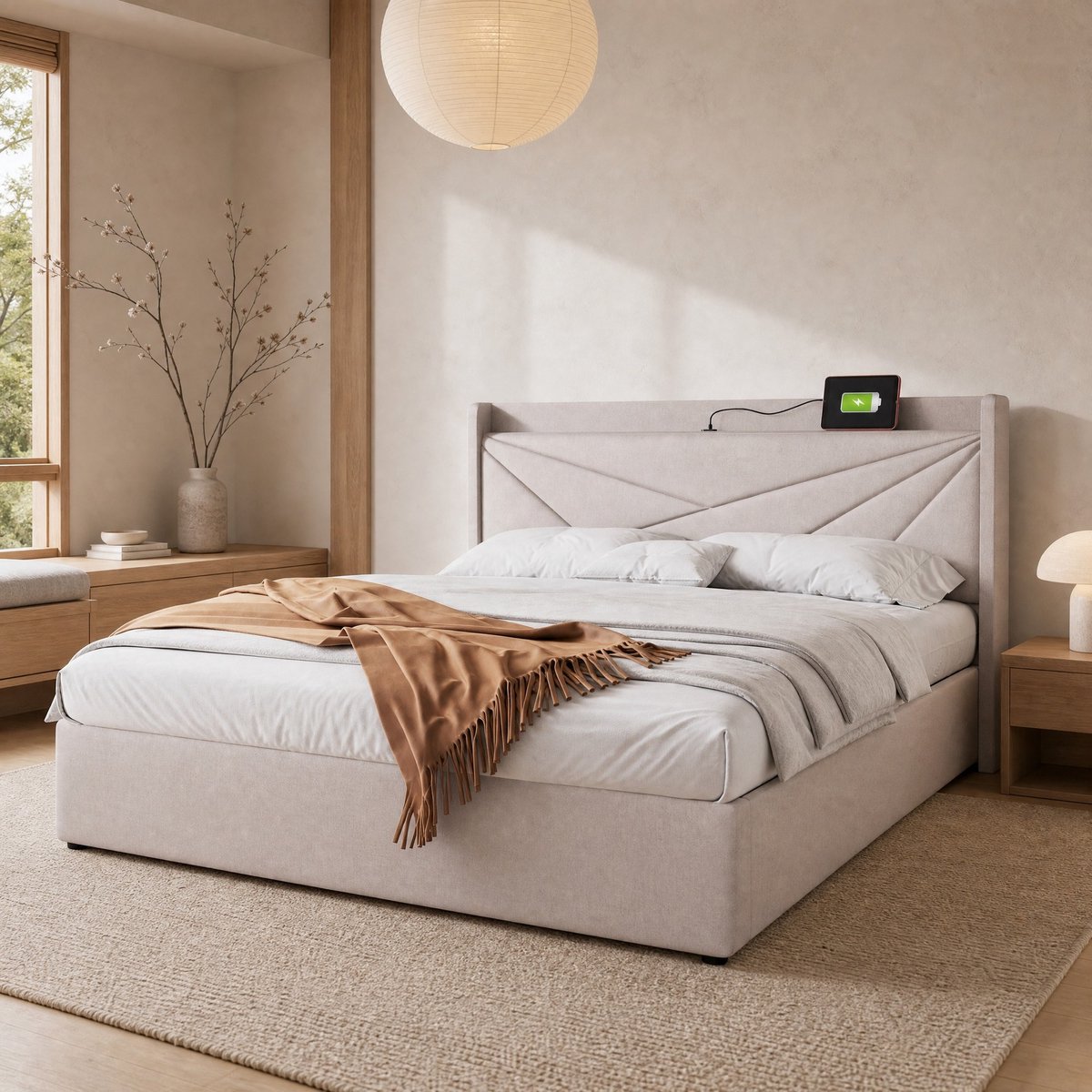 DESMIU Gestoffeerd Bed 180x200cm - Bedframe Met Usb C Oplaadfunctie - Opbergruimte Onder Bed - Voor Volwassenen - Linnen - Beige Zonder Matras