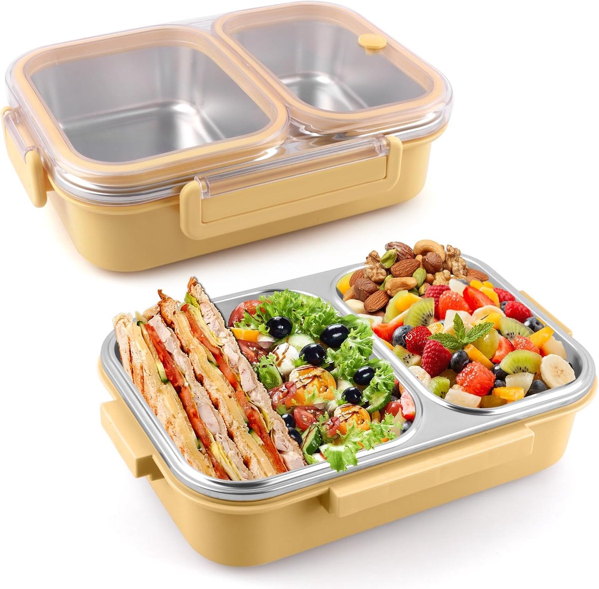 KZQ Roestvrijstalen lunchbox met 2 vakken - Lekvrij en 30,5 oz inhoud - Perfect voor volwassenen en onderweg - Geel