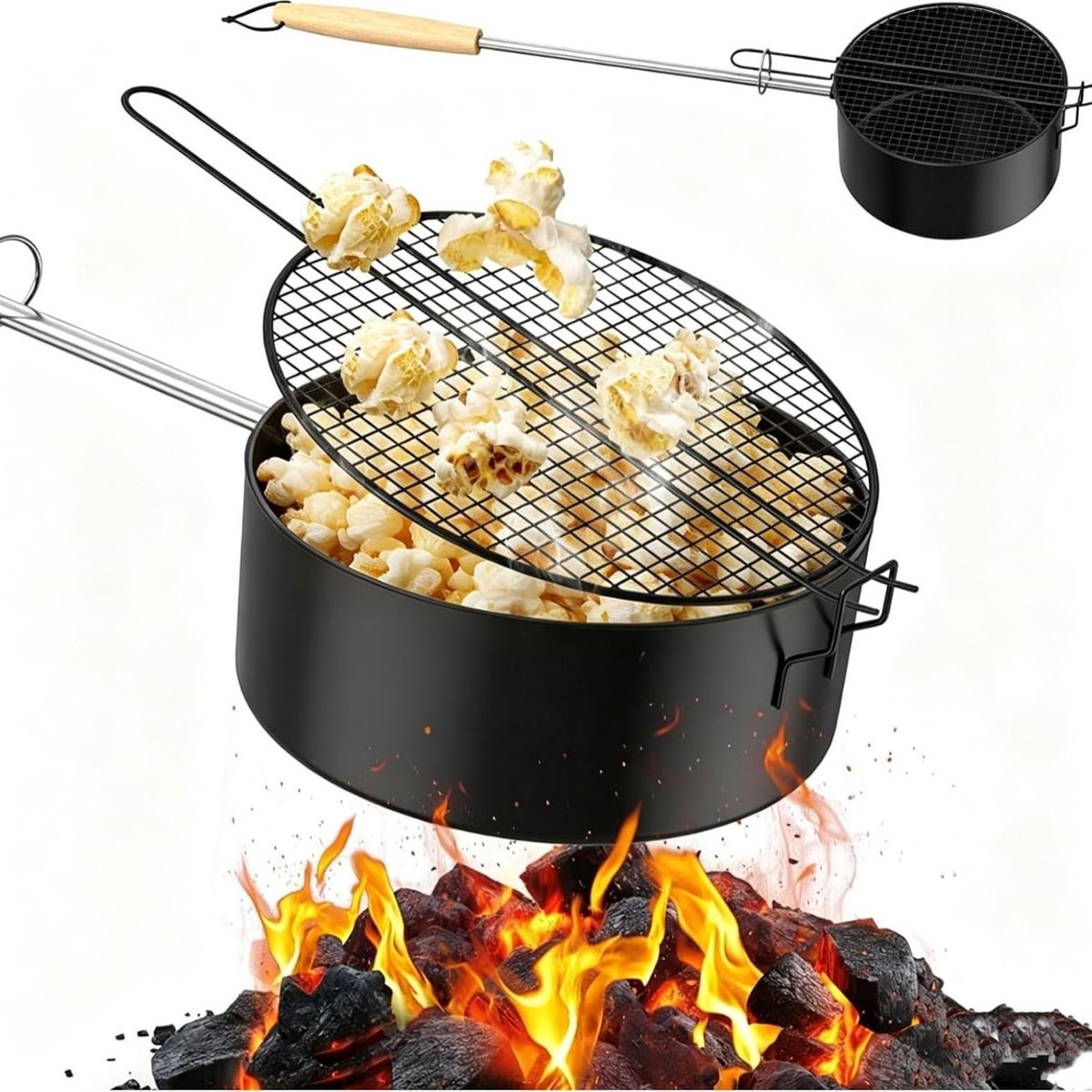 SnelShoppen - Popcornmaker Kampvuur - Hitzebestendige Koolstofstaal Popcornpan met Afneembare Handgreep - Ideaal voor Barbecue, Camping, Tuinfeest en