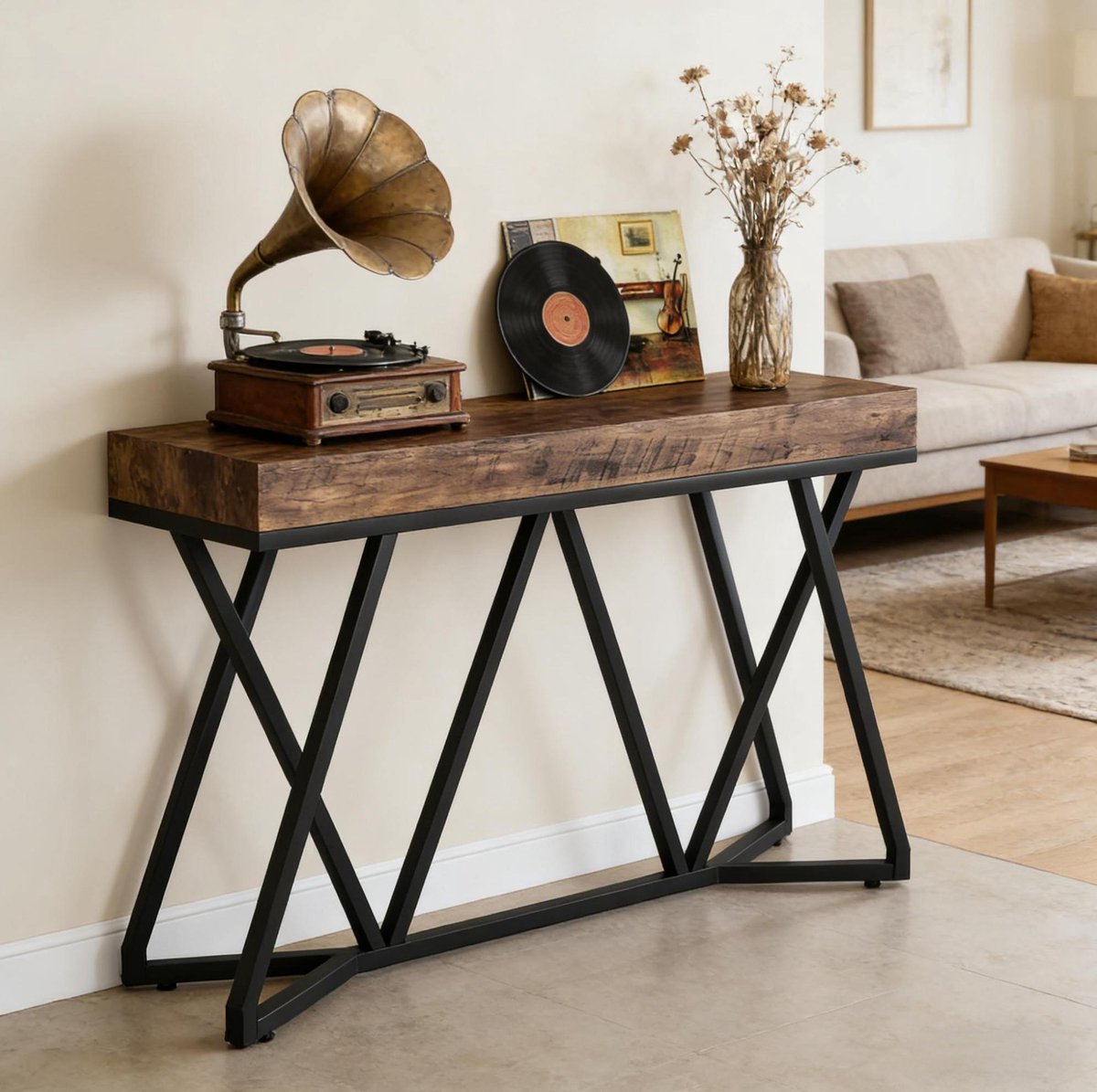 REDOM- Sidetable - Industrieel design - Rechthoekig tafelblad - Verstelbare voetdoppen - MDF en metaal - Zwart - Rustiek bruin - 140 x 30 x 90,5 cm