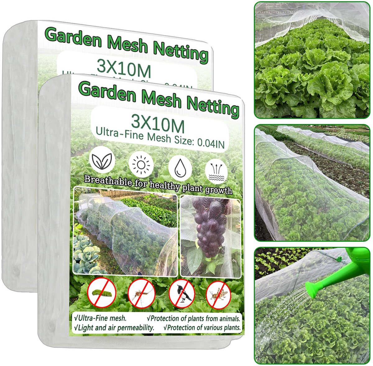 SnelShoppen - 2 stuks 3x10M fijnmazige insectennet, tuinbeschermingsnetten voor groenten, planten, bloemen, gewassen, barrière tegen vogels, herten, e